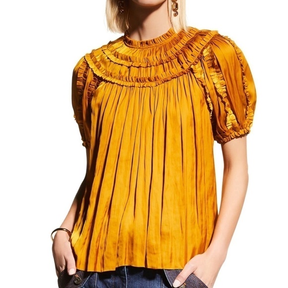 ULLA JOHNSON Aimee Pleated Short-Sleeve Top - Picture 1 of 14